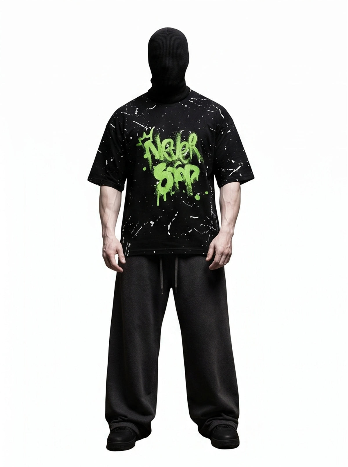 "NEVER STOP" Oversized Streetwear T-Shirt – All-Over Splatter Print (Black)
