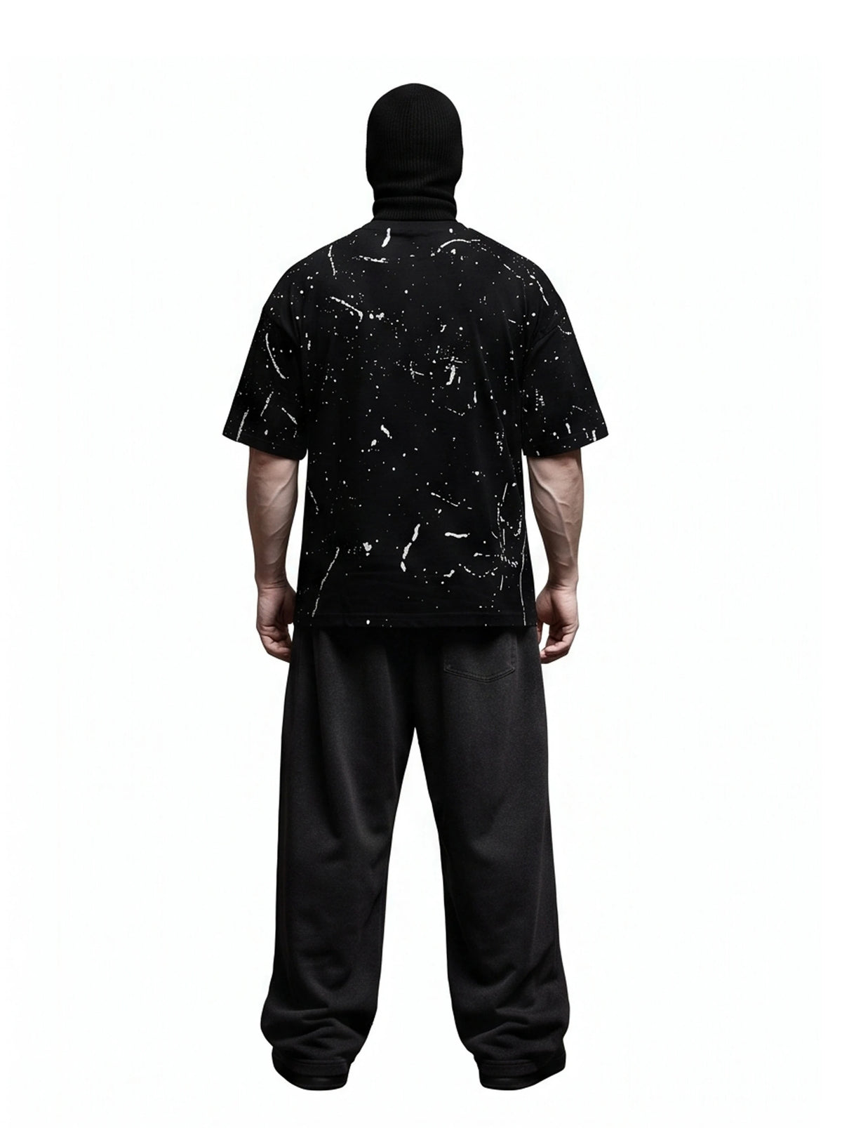 "NEVER STOP" Oversized Streetwear T-Shirt – All-Over Splatter Print (Black)